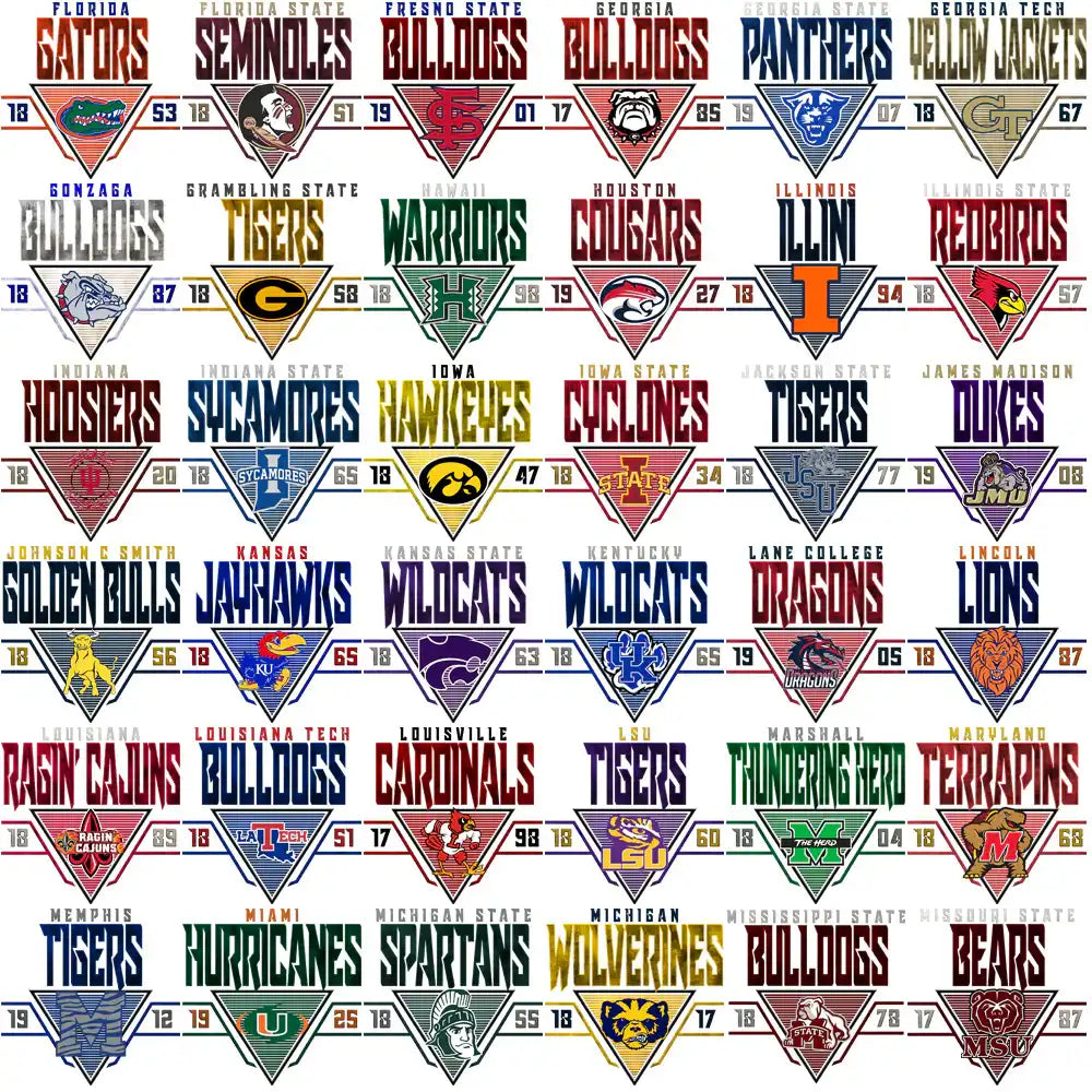 College sports team logos in triangular designs for DTF/DTG and embroidery use