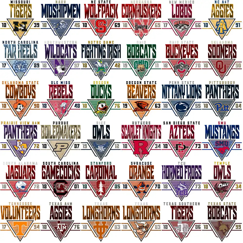 College sports team logos in triangular designs for DTF/DTG and embroidery projects