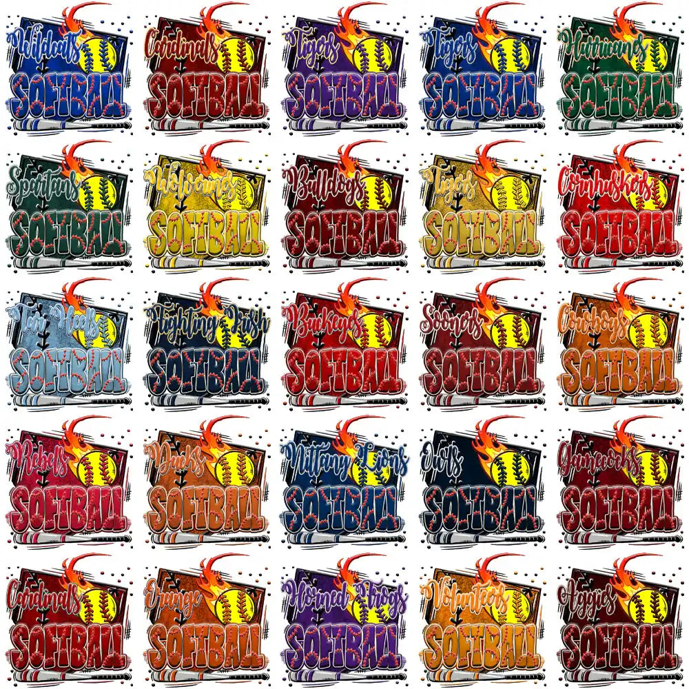 Softball team designs with flames, bats, and balls for DTF/DTG printing, embroidery, and tumbler wraps