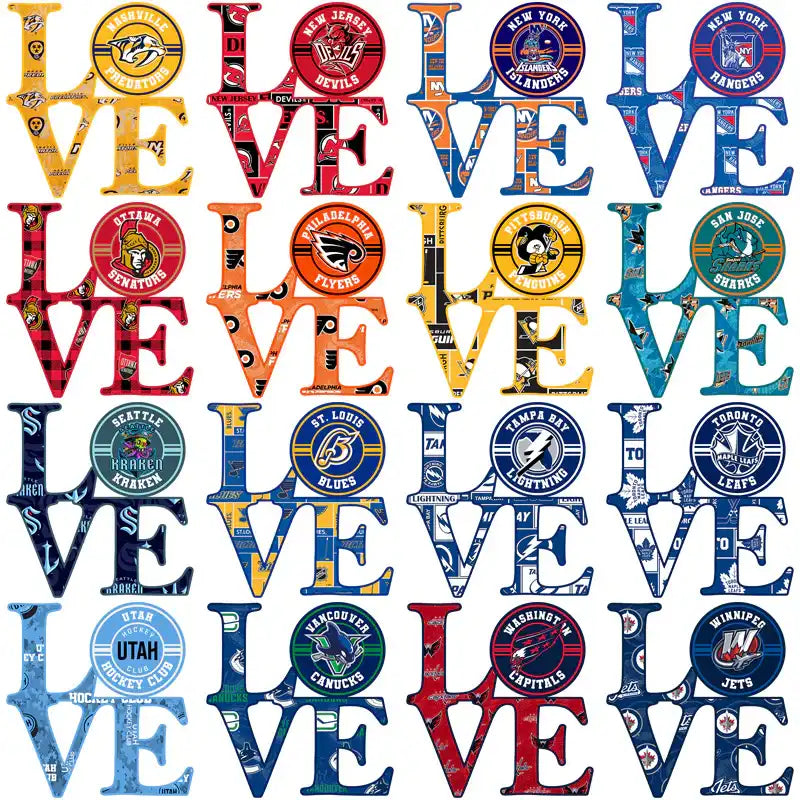 NHL team-themed 'LOVE' designs for DTF/DTG and embroidery, featuring logos and vibrant colors