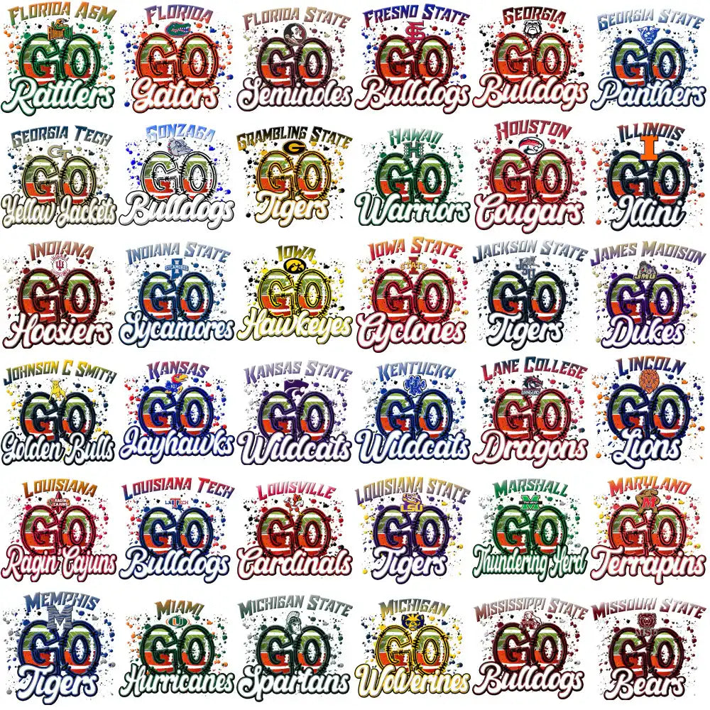 College sports team logos with 'GO' designs for DTF/DTG and embroidery, featuring vibrant splatter effects.