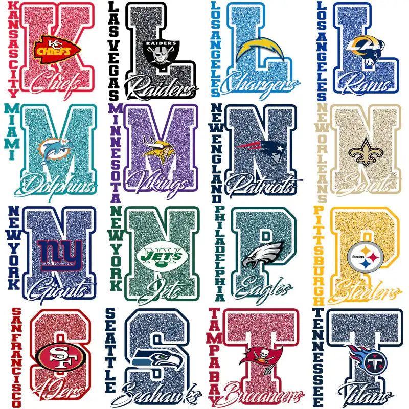 NFL team logos with glittery letter designs for DTF/DTG and embroidery projects