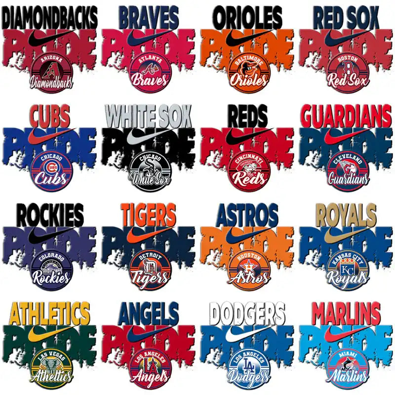 MLB team pride designs with Nike swoosh for DTF/DTG and embroidery, print-ready PNG, SVG, PES