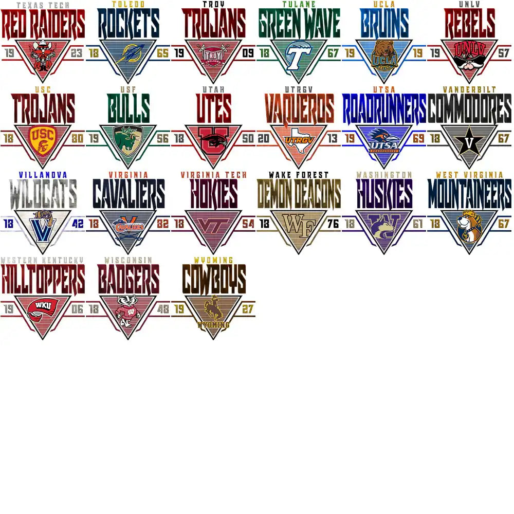 College sports team logos in triangular designs for DTF/DTG and embroidery use