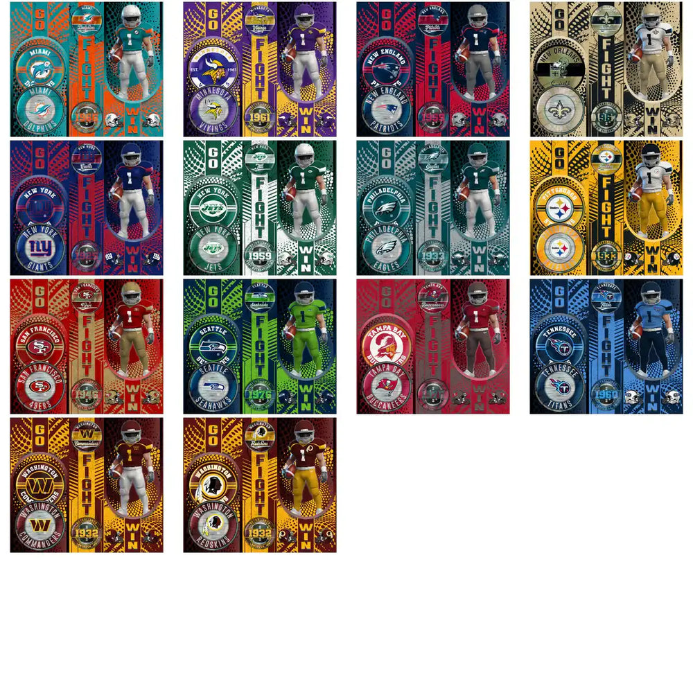NFL team football player designs for DTF, DTG, embroidery with Go Fight Win slogans, print-ready PNG SVG