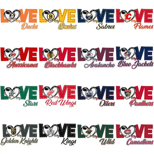 LOVE NHL team designs with heart logos for Ducks, Bruins, Sabres, Flames, Hurricanes, Blackhawks, Avalanche, Blue Jackets, Stars, Red Wings, Oilers, Panthers, Golden Knights, Kings, Wild, Canadiens