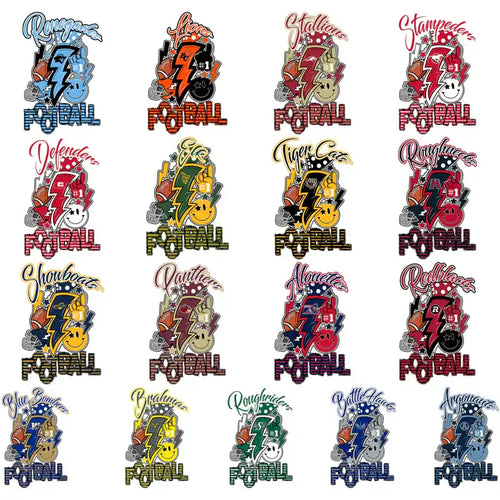 Football team designs for DTF DTG embroidery, featuring bold logos, helmets, and lightning bolts in vibrant colors