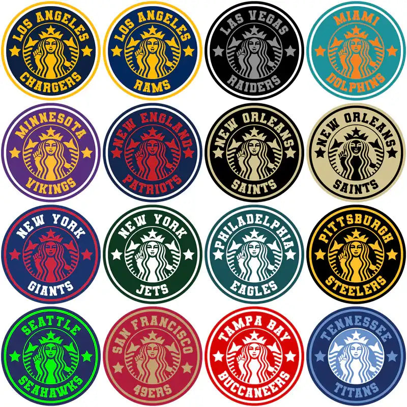 NFL team logos styled as Starbucks designs, print-ready for DTF/DTG, embroidery, and tumbler wraps