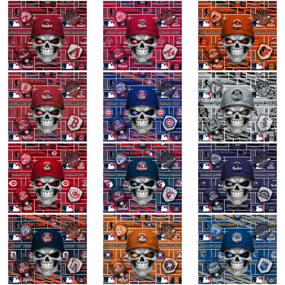 Skull wearing MLB team caps on themed pattern backgrounds, print-ready designs for DTF, DTG, embroidery