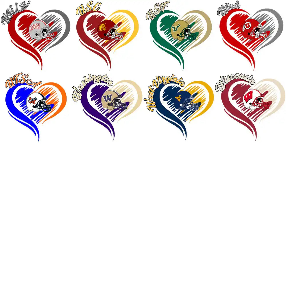 College football helmet designs in heart shapes, perfect for DTF, DTG, or embroidery projects.
