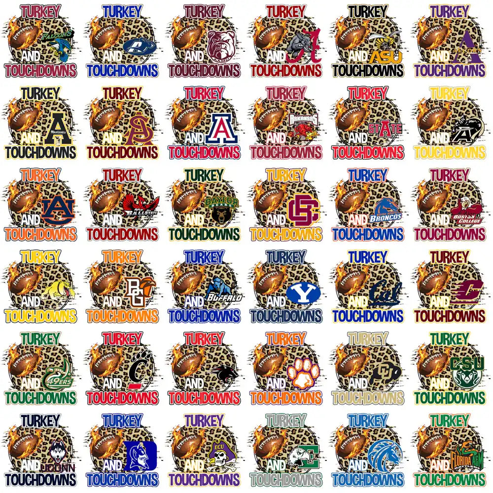 Turkey and Touchdowns college football designs with flaming footballs, team logos, and leopard print backgrounds