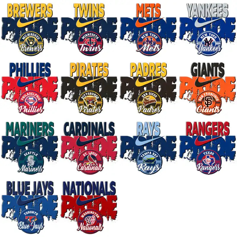MLB team logos with Nike swoosh and 'Pride' text for DTF/DTG designs