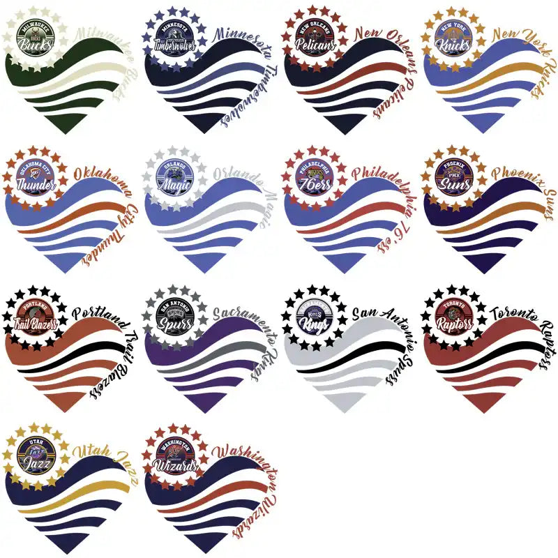 NBA team heart designs with wave patterns, stars, and logos for DTF, DTG, embroidery, SVG