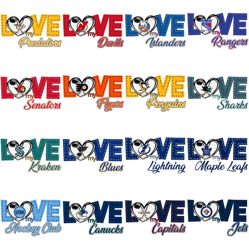Love My Hockey Team Designs - NHL Logos in Heart Shapes for DTF/DTG & Embroidery