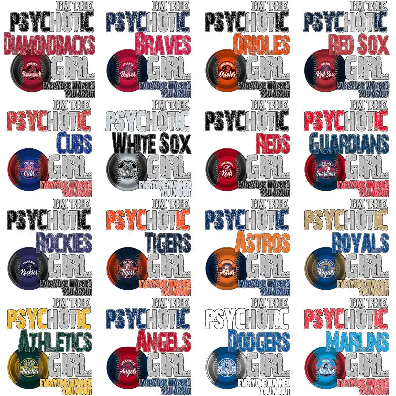 Psychotic Girl baseball team designs for DTF/DTG, embroidery, and tumbler wraps with instant download