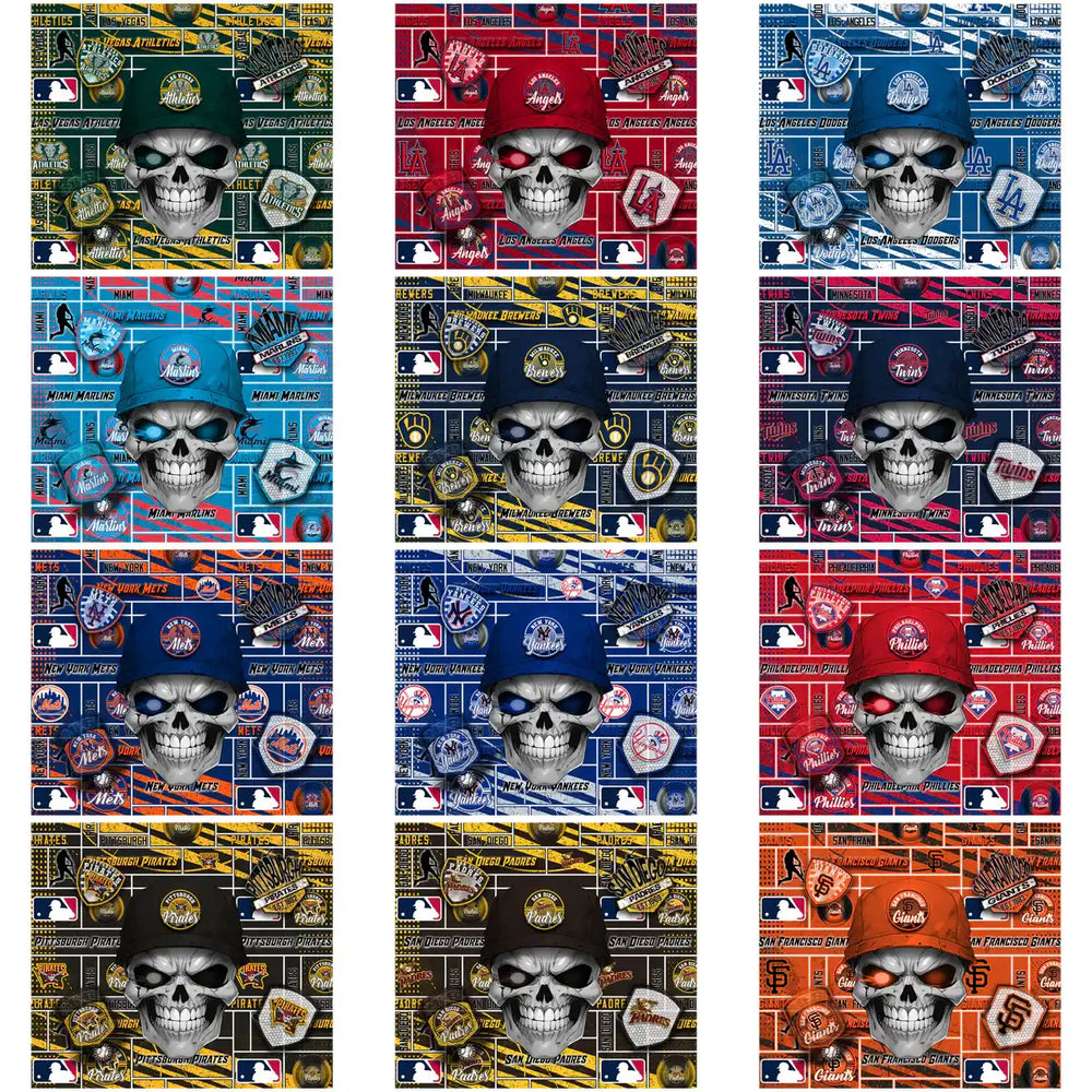 Skull wearing MLB team caps on patterned backgrounds — print-ready designs for DTF, DTG, embroidery