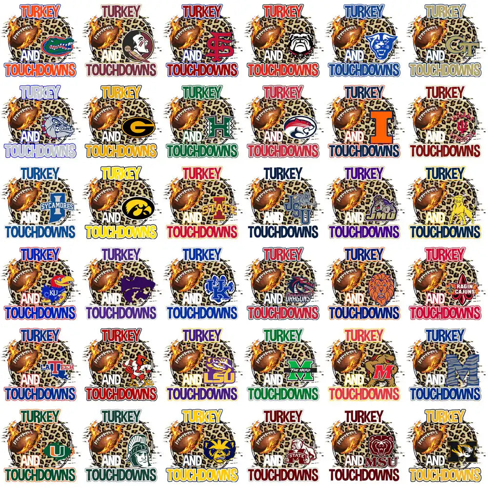 Turkey and Touchdowns college football designs with flaming footballs and team logos on leopard print