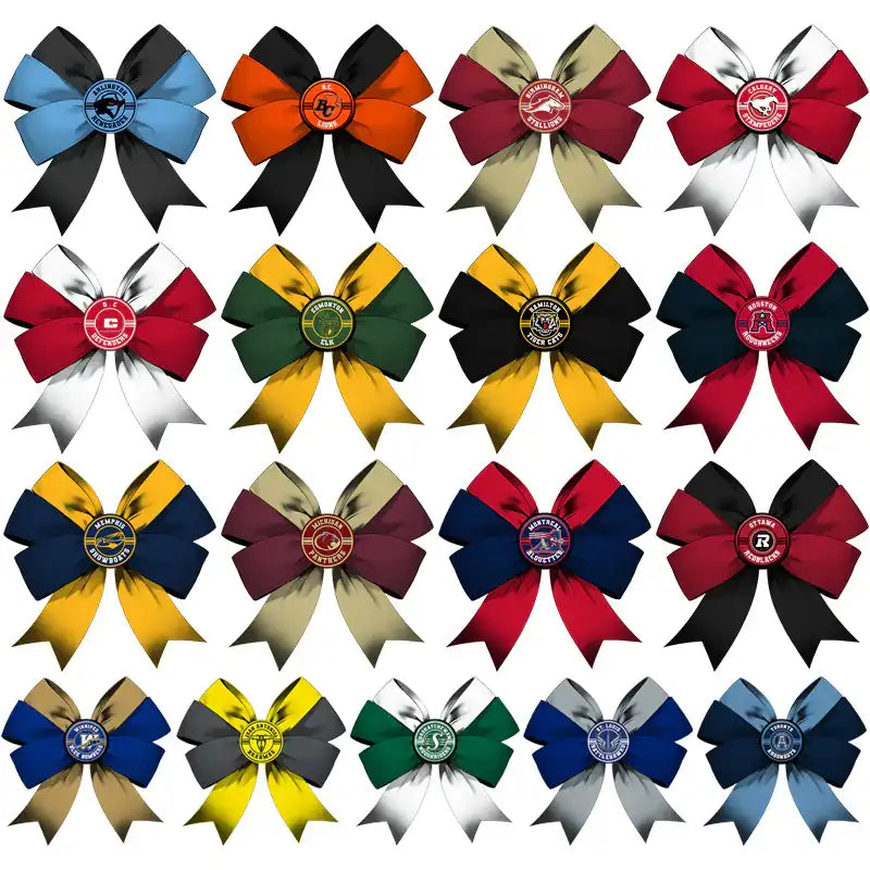 Colorful cheer bows with team logos, perfect for DTF/DTG printing and embroidery designs