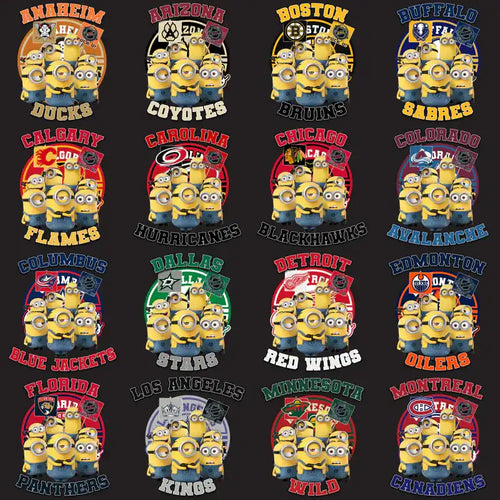 Minions in NHL team logos, print-ready designs for DTF, DTG, embroidery, and tumbler wraps