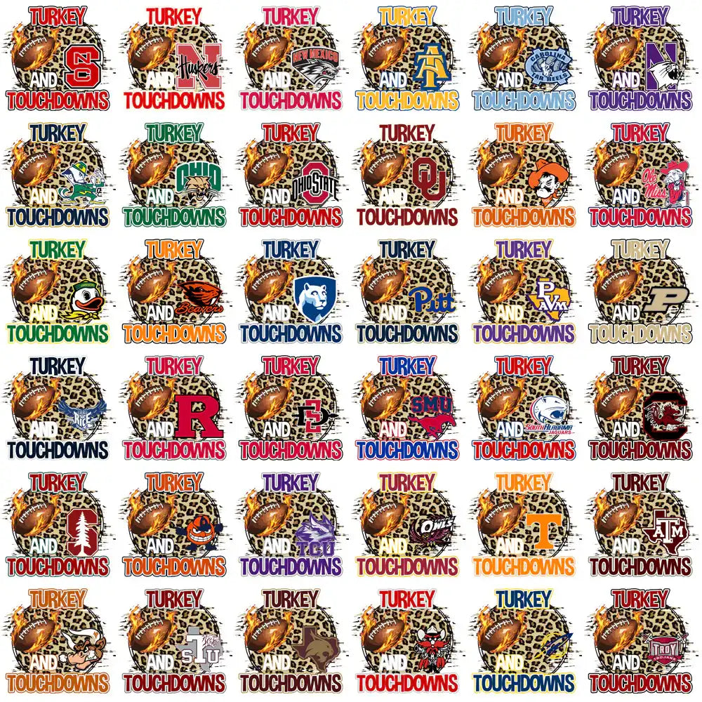 Turkey and Touchdowns college football designs with flaming footballs and team logos on leopard print