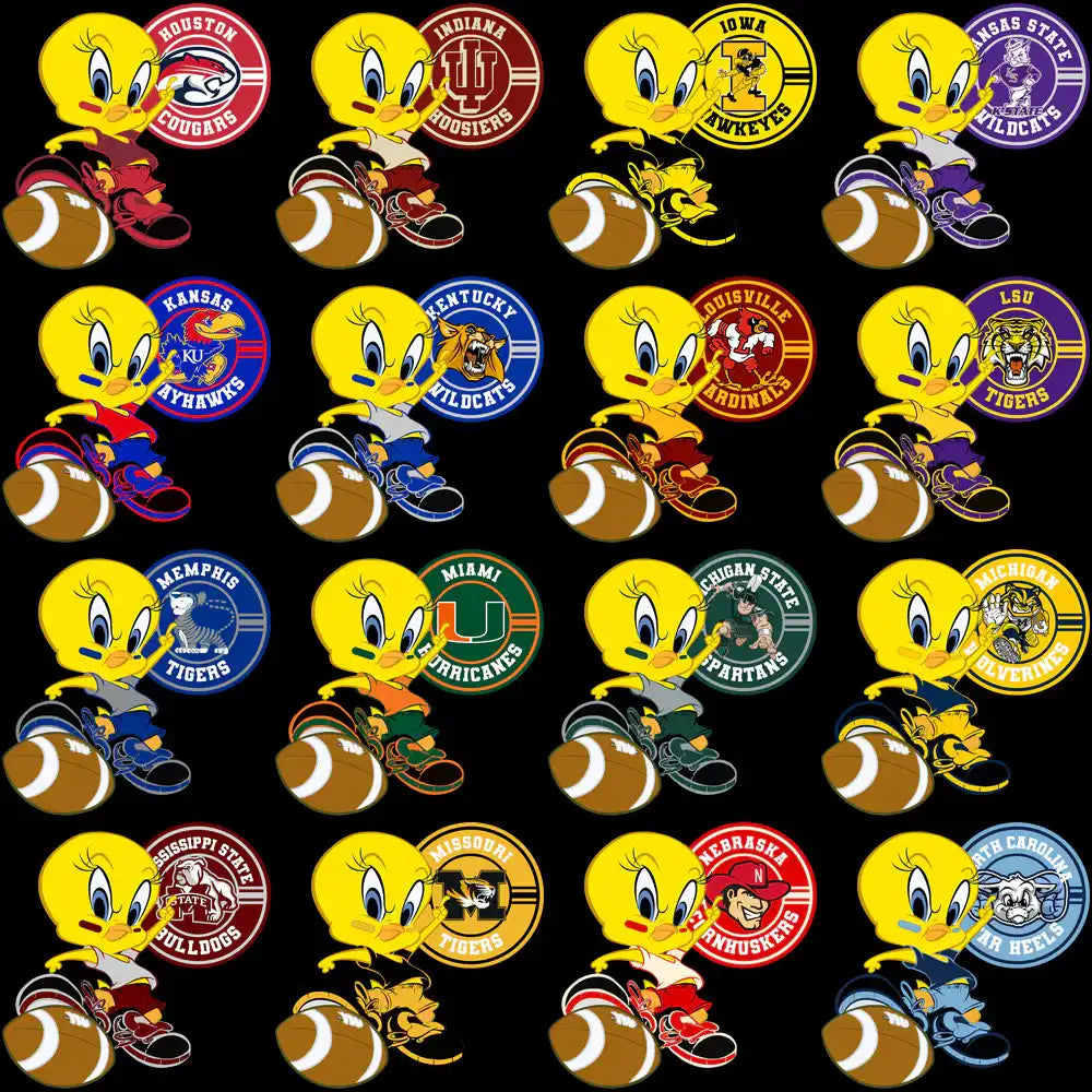 Tweety Bird college football designs with team logos for DTF/DTG and embroidery