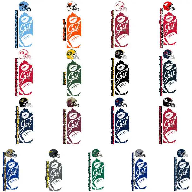 Football team logos with 'Girl' text and kiss mark designs for DTF/DTG printing