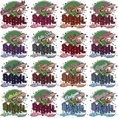 Baseball team logos with bats and balls, print-ready designs for DTF/DTG and embroidery.