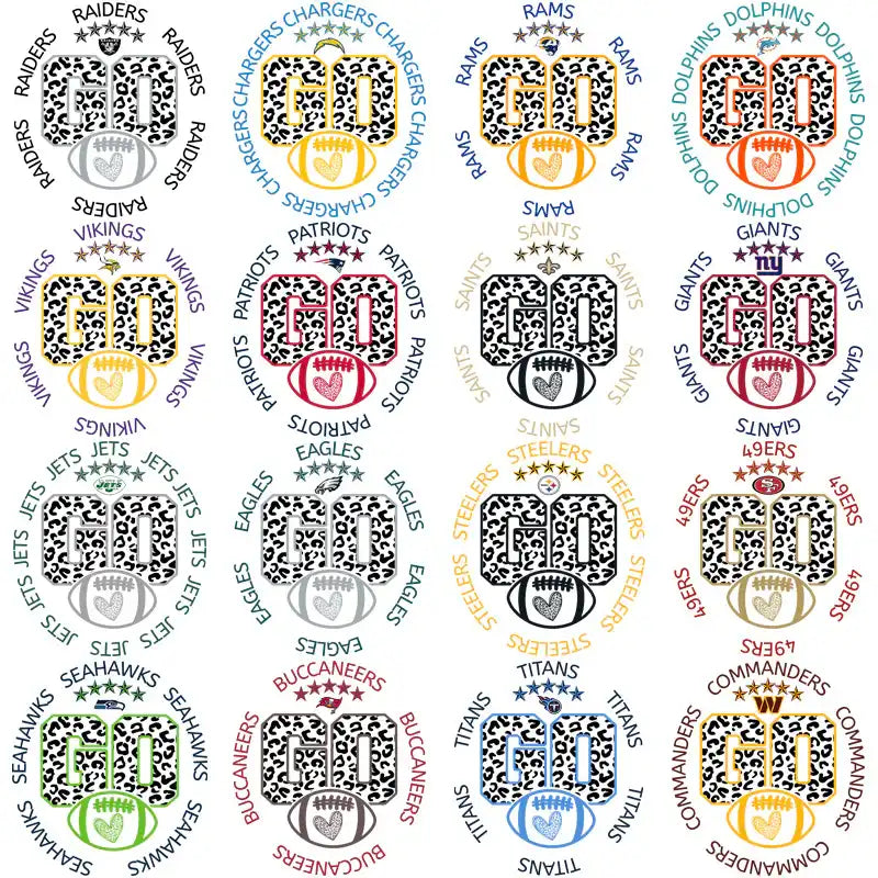 NFL team designs with leopard print GO football graphics for DTF/DTG and embroidery
