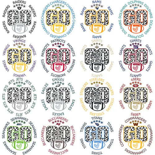 NFL team designs with leopard print GO football graphics for DTF/DTG and embroidery