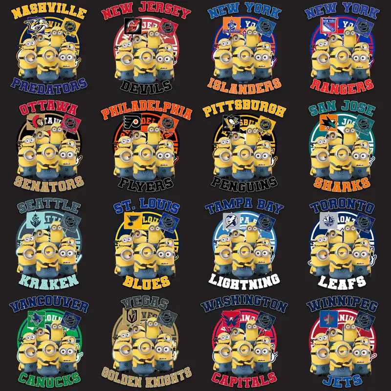 Minions NHL team designs for DTF/DTG printing – Nashville, New Jersey, New York, Ottawa, Philadelphia, Pittsburgh, San Jose, Seattle, St. Louis, Tampa Bay, Toronto, Vancouver, Vegas, Washington, Winnipeg
