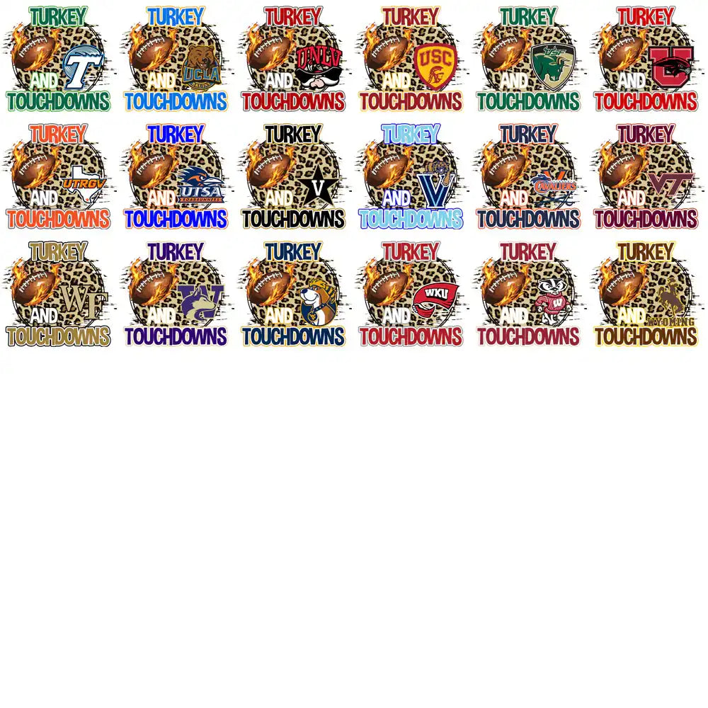 Turkey and Touchdowns college football designs with flaming footballs, team logos, and leopard print backgrounds