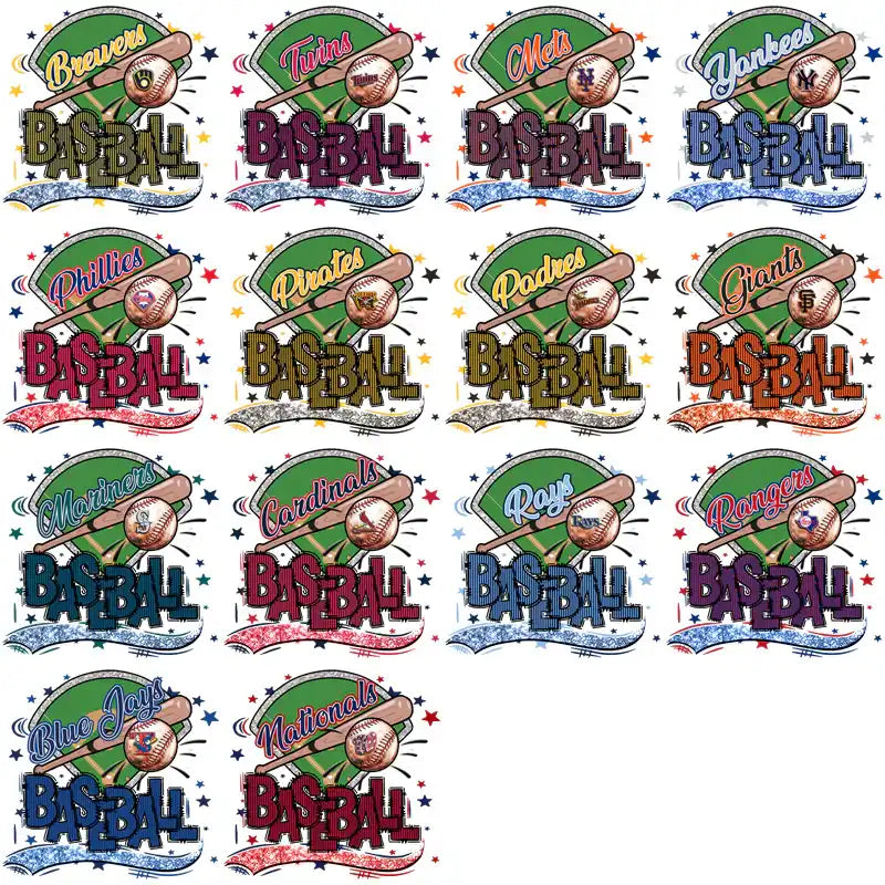 Baseball team designs with bats, balls, and stars for DTF/DTG and embroidery projects