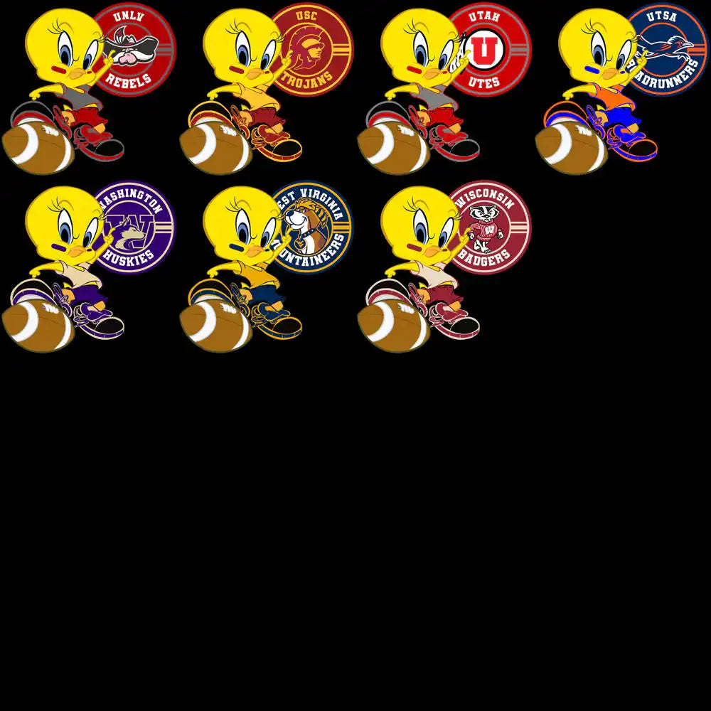 Tweety Bird football designs with college team logos for DTF/DTG printing