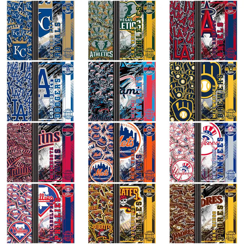 MLB team tumbler wrap designs for DTF/DTG, featuring Kansas City Royals, Dodgers, Yankees, Mets, Pirates & more. Print-ready PNG/SVG.