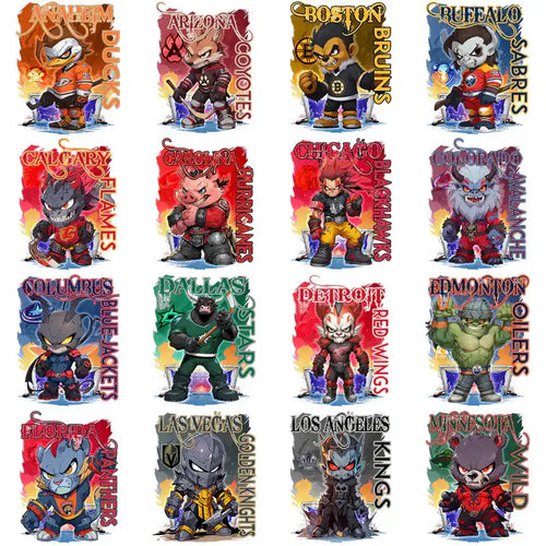 Chibi NHL team mascots in hockey gear, print-ready for DTF/DTG, embroidery, tumbler wraps