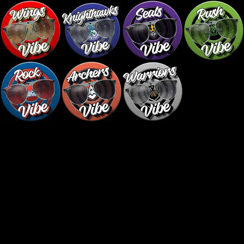Sunglasses with team logos and 'Vibe' text in colorful circular designs