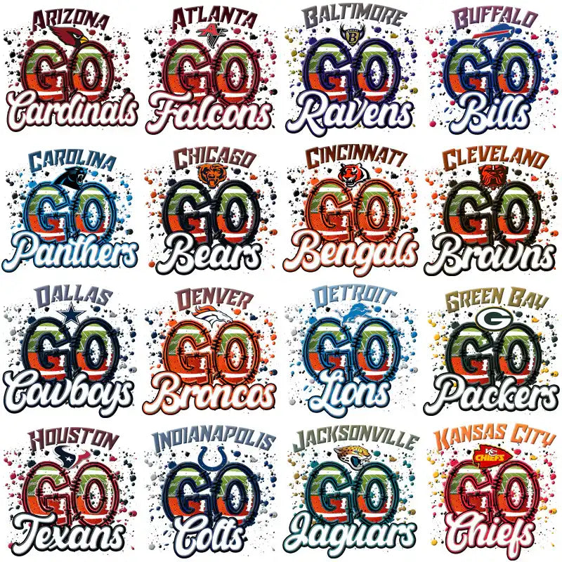 NFL team spirit designs for DTF DTG printing, featuring Go [Team] graphics with splatter effects