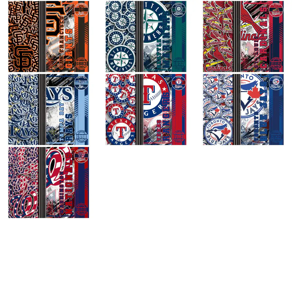 Baseball team designs for DTF/DTG, embroidery, and tumbler wraps featuring MLB logos and vibrant patterns.