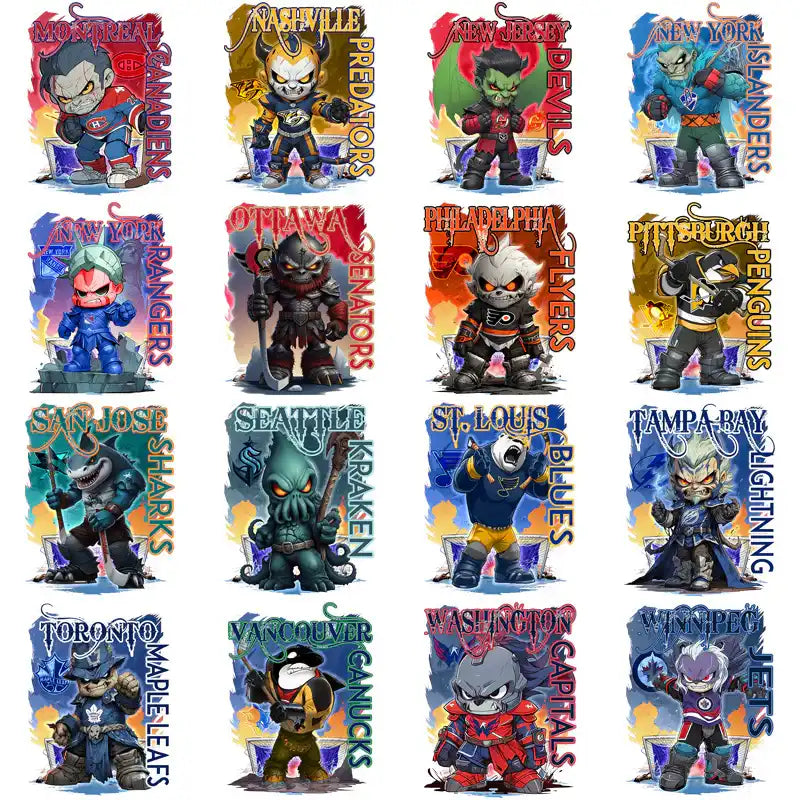 Chibi-style NHL team mascots with fantasy designs, perfect for DTF, DTG, or embroidery projects.