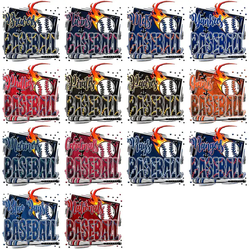 Baseball team logos with fiery designs for DTF/DTG and embroidery prints