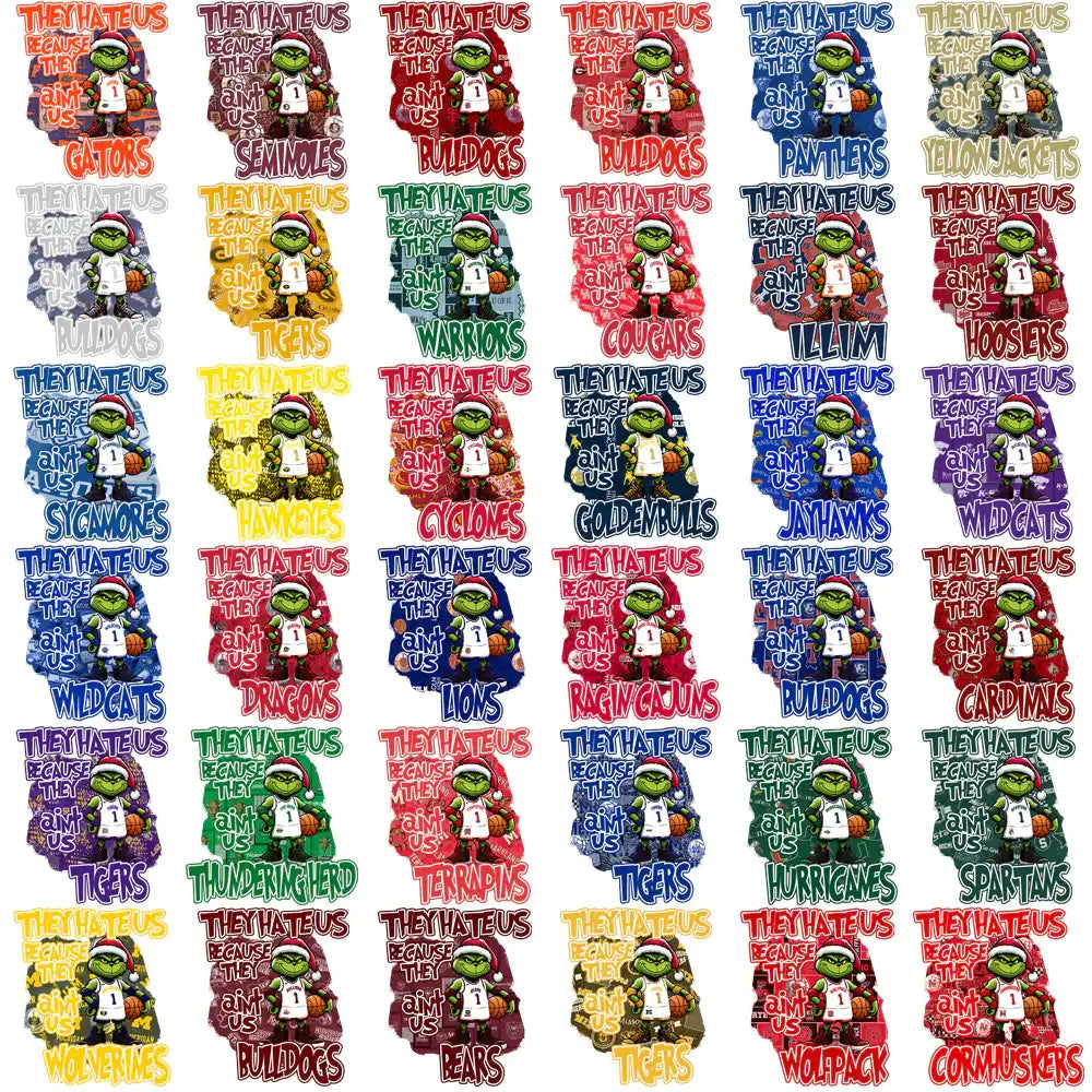 Grinch basketball designs for DTF/DTG, embroidery, tumbler wraps with team names and festive themes
