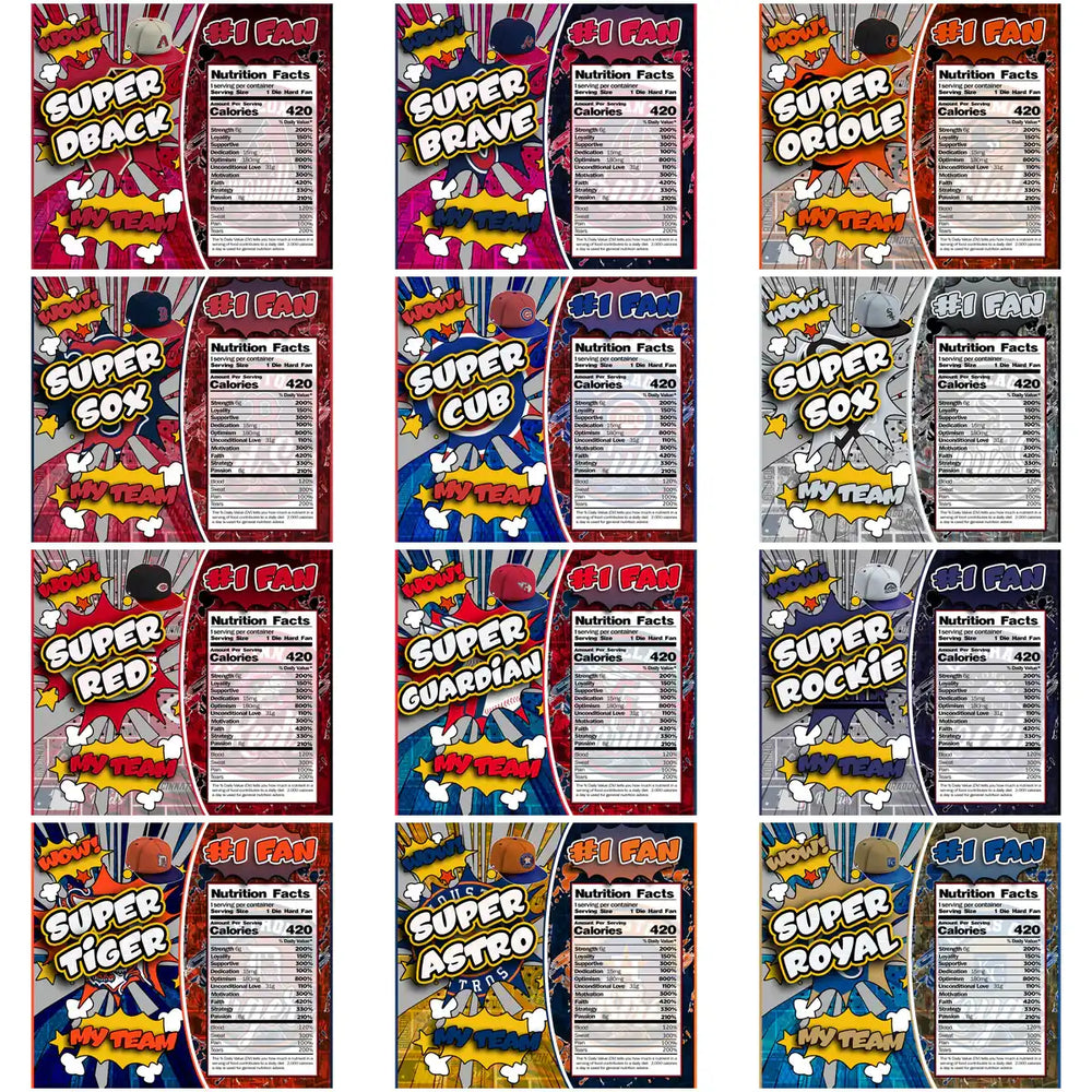Super Fan baseball team designs with nutrition facts, comic-style graphics, and team names like Super Sox and Super Cub.