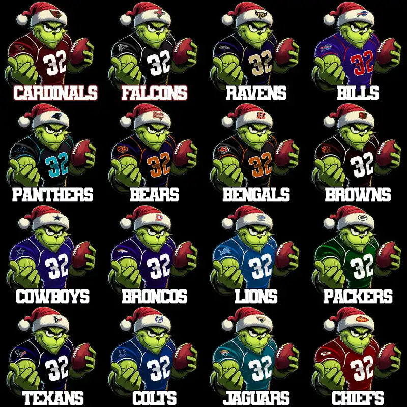 Grinch in NFL team jerseys with Santa hats, holding footballs, festive holiday design