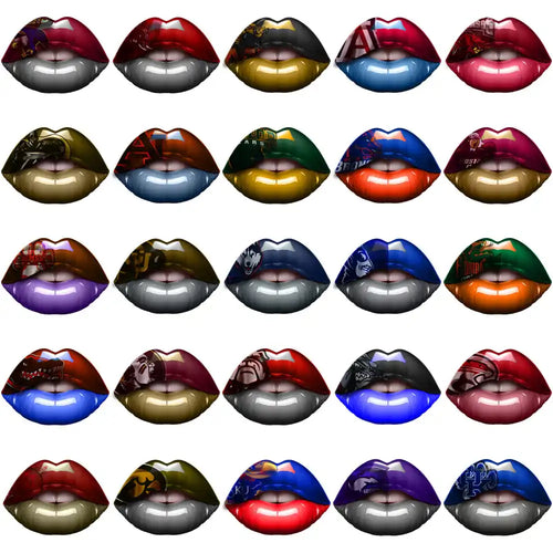 Glossy lips with college team logos, perfect for DTF/DTG printing and embroidery designs.