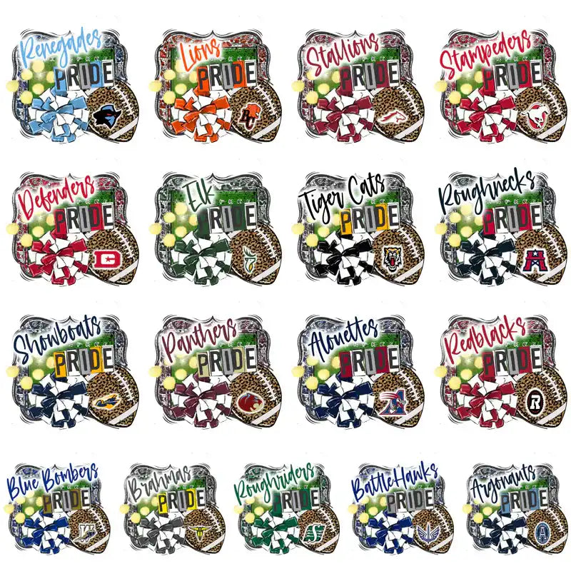 Pride-themed football designs with team names, bows, and leopard print for DTF/DTG printing