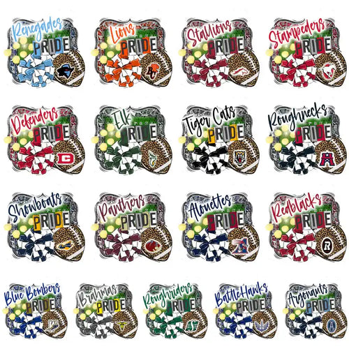 Pride-themed football designs with team names, bows, and leopard print for DTF/DTG printing