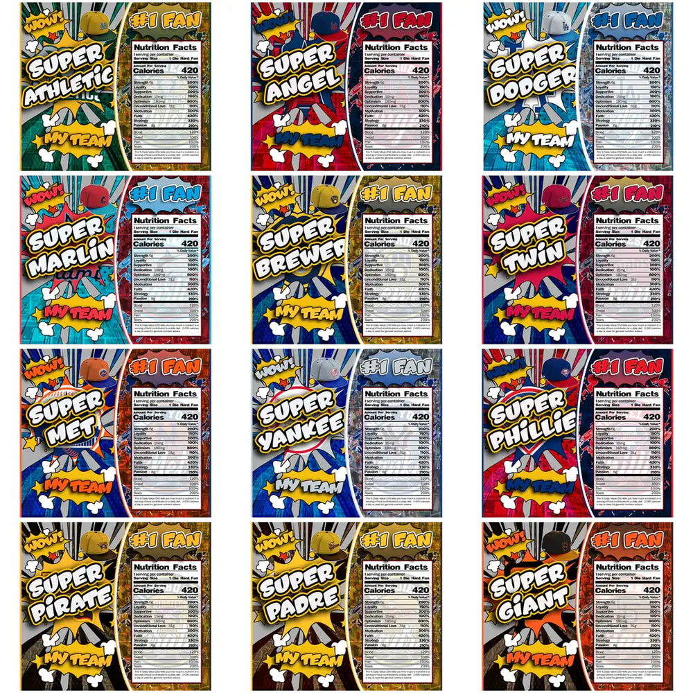 Super Fan tumbler wrap designs with team names, comic-style graphics, and nutrition facts labels for DTF/DTG printing