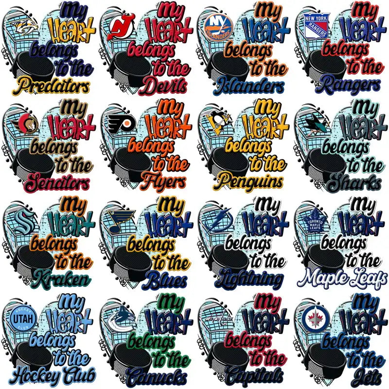 Hockey team heart designs with puck and net, perfect for DTF/DTG and embroidery projects.
