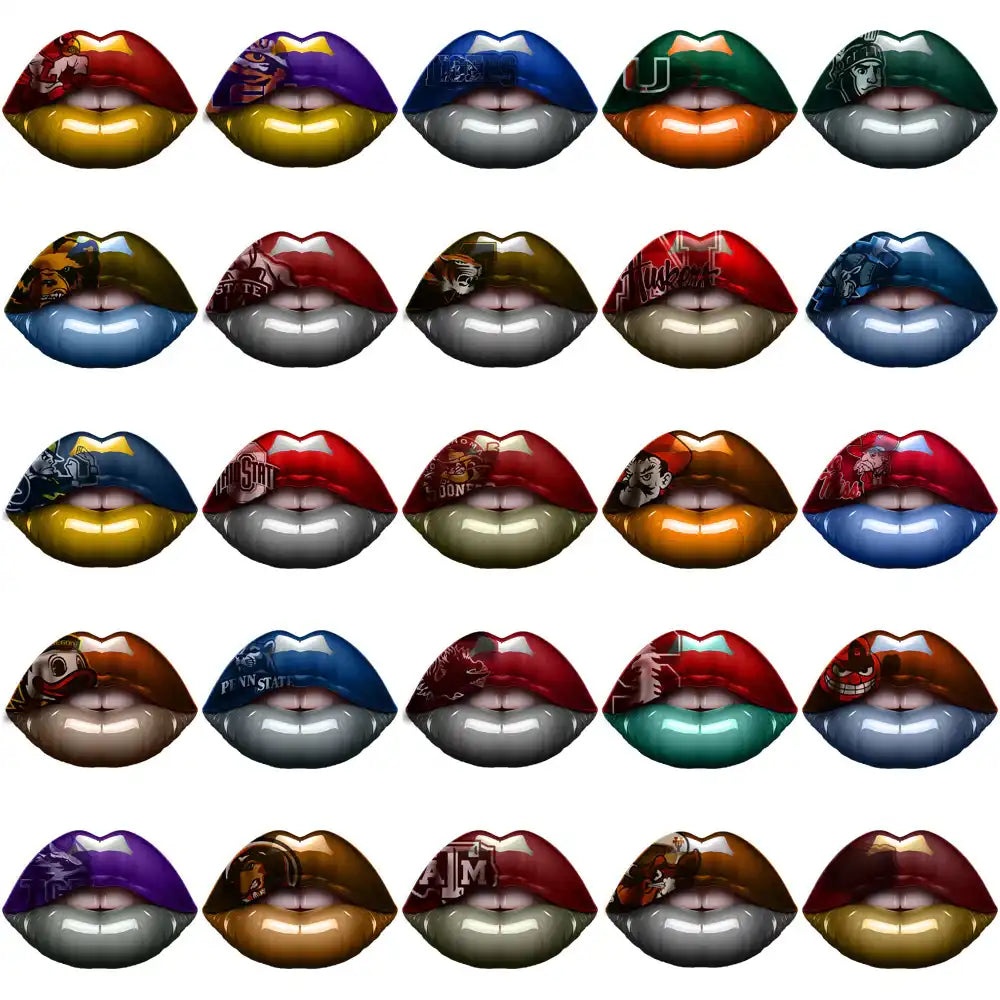 College team-themed glossy lips designs for DTF/DTG and embroidery projects