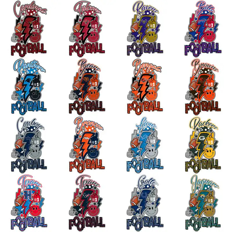 Football team designs with helmets, lightning bolts, and #1 hand signs for DTF/DTG printing
